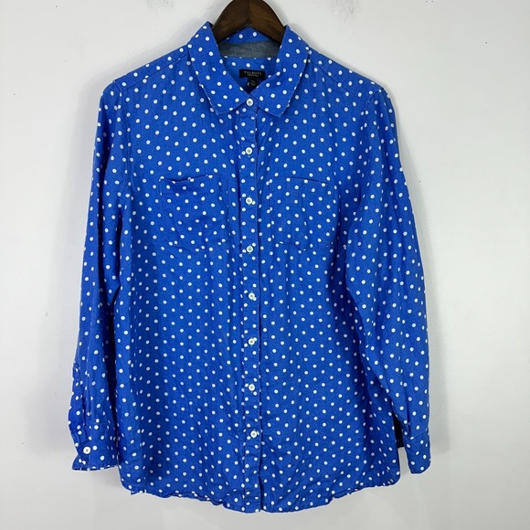 Talbots Linen Shirt 1XP Coastal Preppy Polka Dot Blue Button Front Workwear - Picture 1 of 6